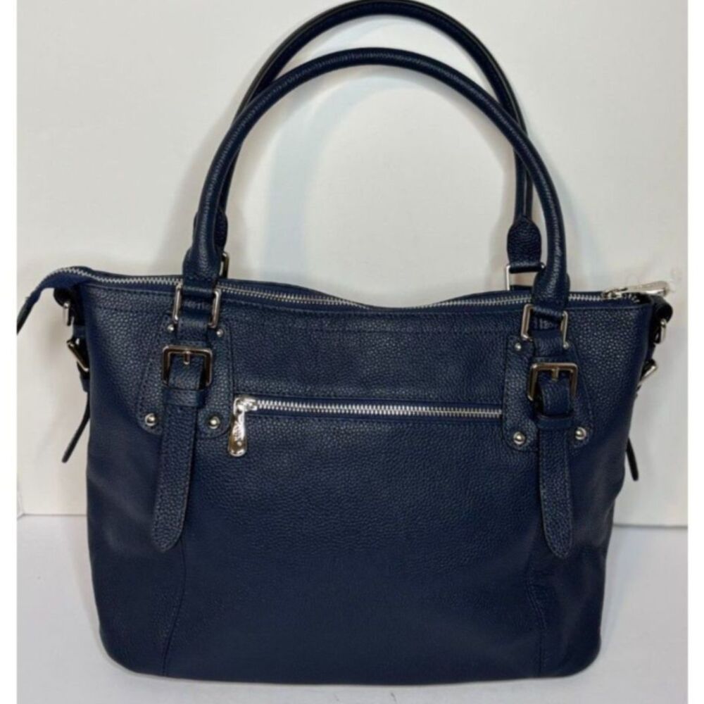 S Zone Blue Pebbled Leather Shoulder Bag Tote Zipper Closure